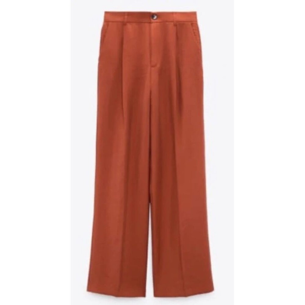 Zara Pants Womens Large Rust Modal Wide Leg Pants High Rise Pleated Trousers